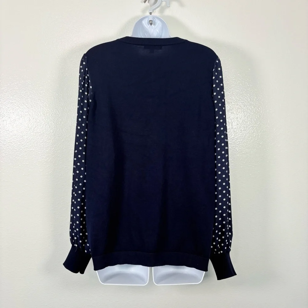 Adrianna Papell Dark Blue Top with Polka Dot Pattern Sheer Sleeves SzL Preppy - Picture 5 of 11